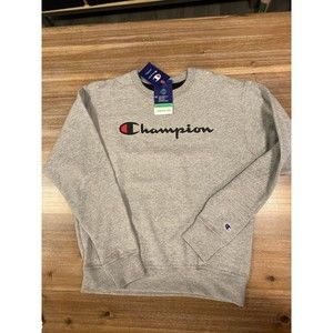 Champion Mens Medium Powerblend Graphic Crewneck GF88H-1IC Light Oxford Grey